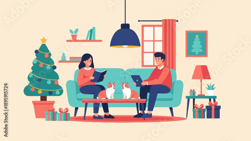 Couple relaxing indoors with dogs, reading and using laptop, Christmas theme
