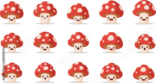 Collection of fifteen charming cartoon mushrooms with red caps