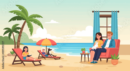 Couple relaxes indoors with cat, while others sunbathe on beach