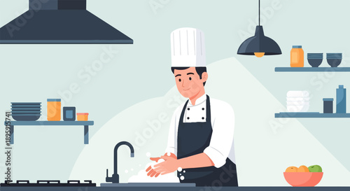 Chef washes hands at kitchen sink, surrounded by culinary items