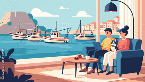 Couple relaxes indoors with laptop and dog, overlooking a harbor with boats