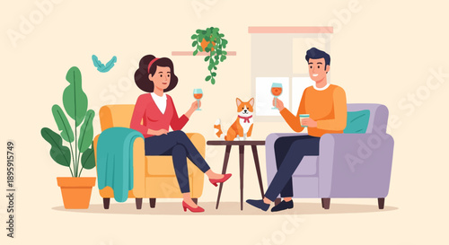 Couple relaxing indoors with drinks and pet dog, plants adorn room