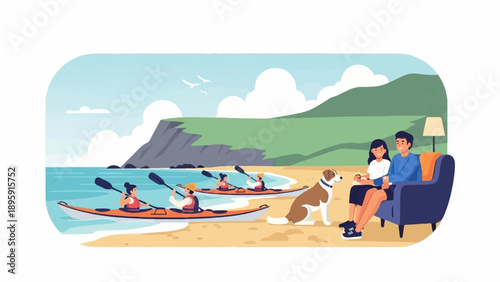 Couple relaxes indoors with dog, while kayakers paddle offshore
