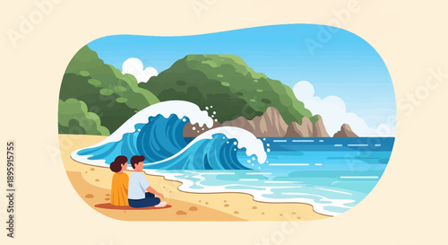 Couple enjoys a picturesque beach scene with crashing waves and lush green hills