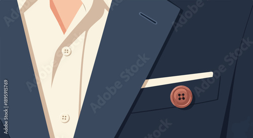 Close-up of a dark blue suit jacket over a cream shirt with a peach tie