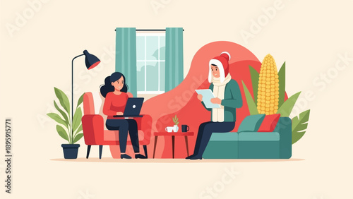 Couple relaxing indoors with laptop, tablet, and seasonal decor