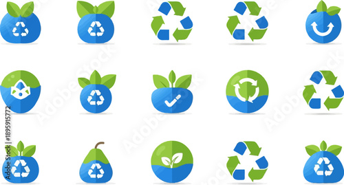 Collection of flat design icons featuring recycling symbols within abstract shapes