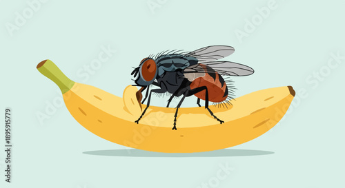 Close-up of a common fly perched on a bright yellow banana against a light blue backdrop