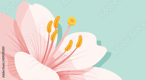 Close-up of a delicate pink flower with yellow stamens on a pastel background