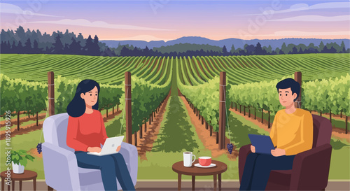 Couple relaxing and working on laptops amid a picturesque vineyard landscape at sunset