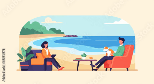 Couple relaxing at home on beach with dog, coffee, and books