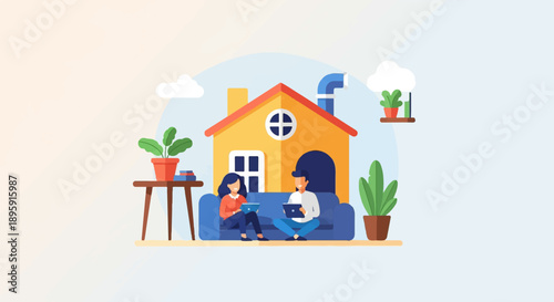 Couple relaxing at home on couch with tablets, houseplants, and simple house