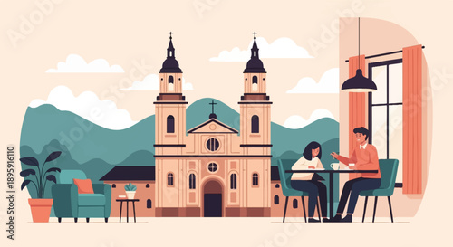 Couple enjoys a coffee near a grand church with a mountainous backdrop