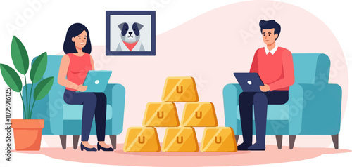 Couple relaxing at home with laptops and gold bars