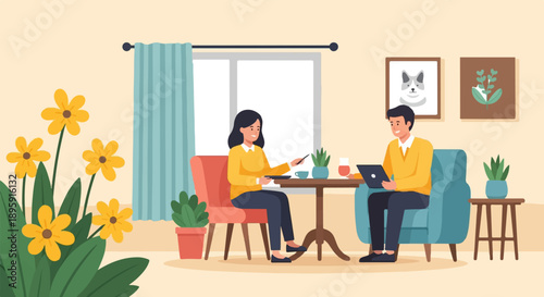 Couple relaxing indoors with plants, art, and a laptop