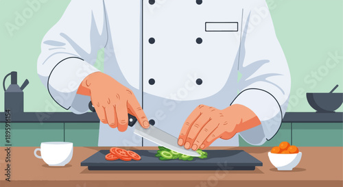 Chef in white coat meticulously slices fresh green vegetables on a dark cutting board