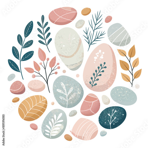 Collection of pastel-colored stones and leaves arranged in a circular pattern, viewed from directly above, showcasing nature's serenity and beauty in an illustrative style