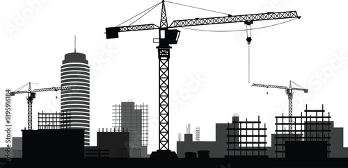 Silhouette of a city skyline under construction featuring multiple tower cranes and unfinished buildings against a white sky