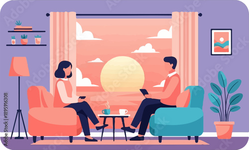 Couple enjoying sunset from living room, each with a device