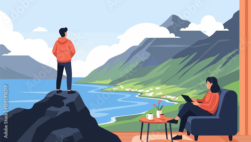 Couple enjoying scenic view from different vantage points