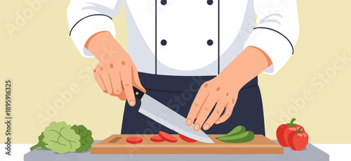 Chef chopping vegetables on a cutting board with fresh produce