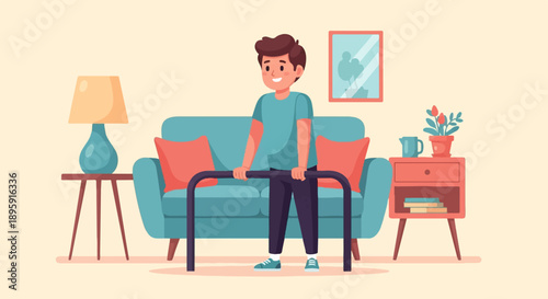 Cheerful young man stands with a walker in a cozy living room