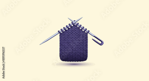 Close-up of knitting needles and purple yarn on a light background