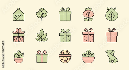 Collection of simplified icons featuring gifts, plants, and a dog