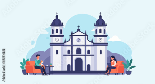 Couple enjoying leisure time by a historic building, one with a pet, one working