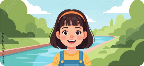 Cheerful young girl with dark hair and orange headband in outdoor park setting