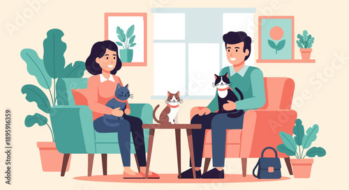 Couple relaxing at home with their cats in cozy armchairs