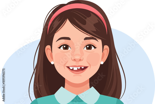 Cheerful young girl with a missing front tooth, wearing a blue shirt