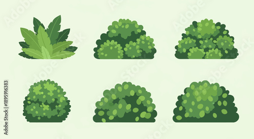 Collection of six diverse green cartoon bushes in various shapes and sizes