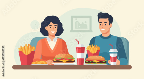 Couple enjoying fast food together, with burgers, fries, and drinks