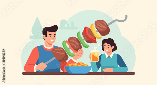 Couple enjoying grilled meat and vegetables with a side of beans and beer