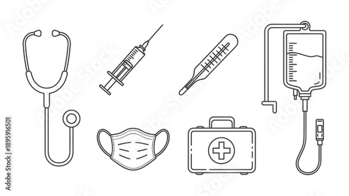 Essential Medical Arsenal: A comprehensive collection of medical tools, meticulously presented in a clinical setting, embodies the core of healthcare.