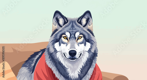 Close-up pixelated portrait of a wolf wearing a red sweater, seated