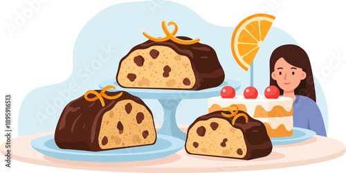 Cheerful woman admires delicious chocolate-covered cakes and a layered creation