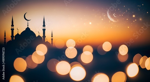 Silhouette of Mosque and Minarets Against Sunset Sky with Golden Bokeh Lights, Islamic Background for Ramadan Kareem and Eid Mubarak, Spiritual Evening Prayer Atmosphere