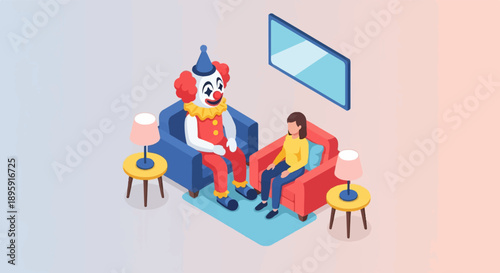 Clown and person in room with lamps, TV, and couches