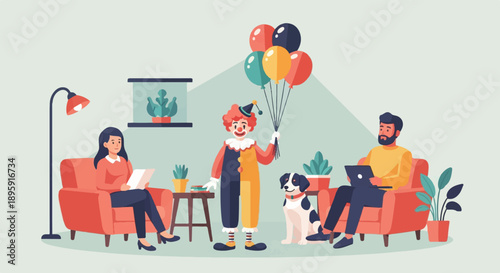 Clown with balloons, dog, two people in chairs, indoor scene