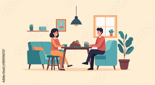 Couple enjoying a meal together at a cozy dining table indoors