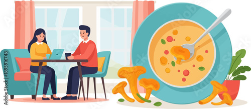 Couple enjoying a meal and working on laptops at home