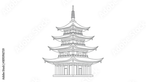 Asian Temple Architectural Marvel: An intricately detailed illustration of a traditional Asian pagoda, showcasing the elegance and symmetry of historical architecture.