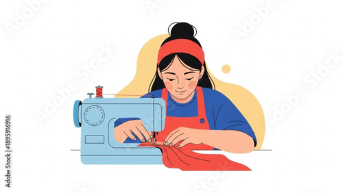A focused woman sewing red fabric with a light blue sewing machine at her workstation