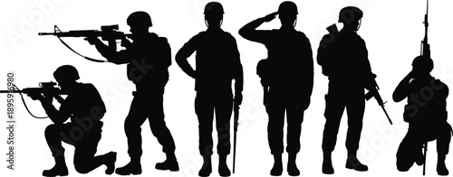 Silhouettes of soldiers in tactical gear holding rifles and performing military actions including aiming, saluting, and kneeling in a stark black and white composition