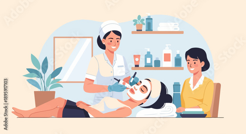Cosmetologist applying mask to client's face, attended by another woman