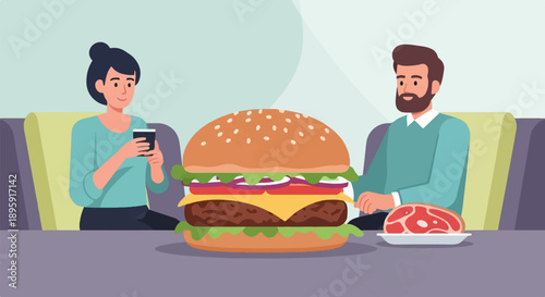 Couple enjoying a giant burger and a steak