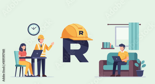 Collaboration and remote work depicted with illustrations of people, laptops, and a construction hat