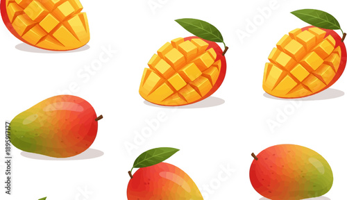 Colorful cartoon style mango fruits and slices on a white background